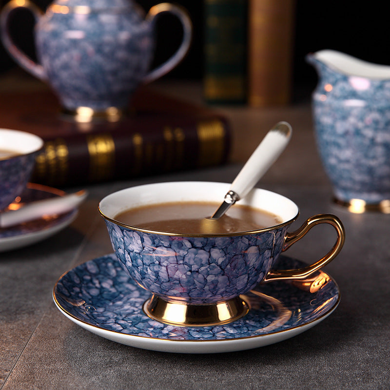 3 Pieces Sapphire Colors Marble Pattern Tea Cup And Saucer Set with Spoon
