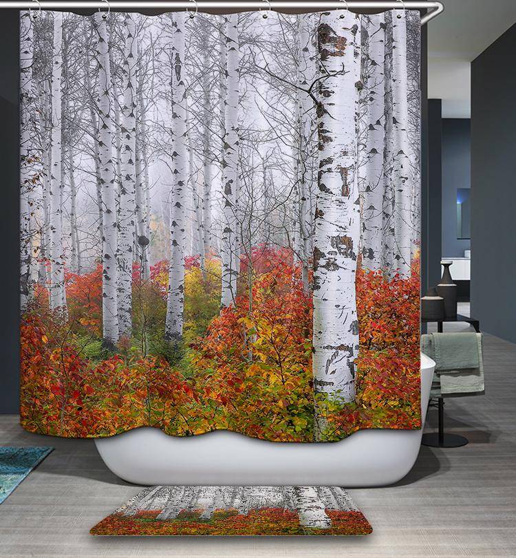 Autumn Forest Landscape White Birch Tree Shower Curtain