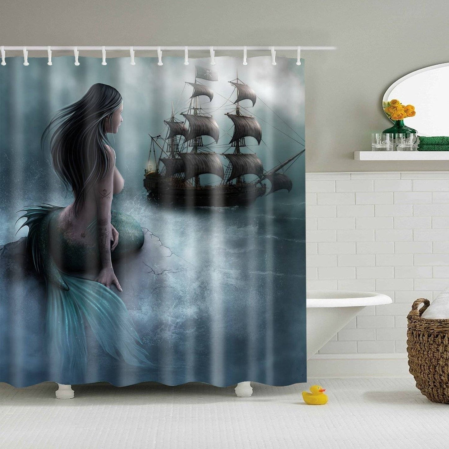 Medieval Age Sailboat Mermaid Pirate Ship Shower Curtain