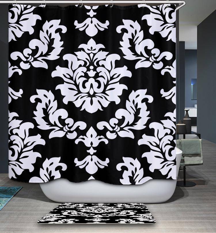 White and Black Flower Pattern Floral Damask Shower Curtain