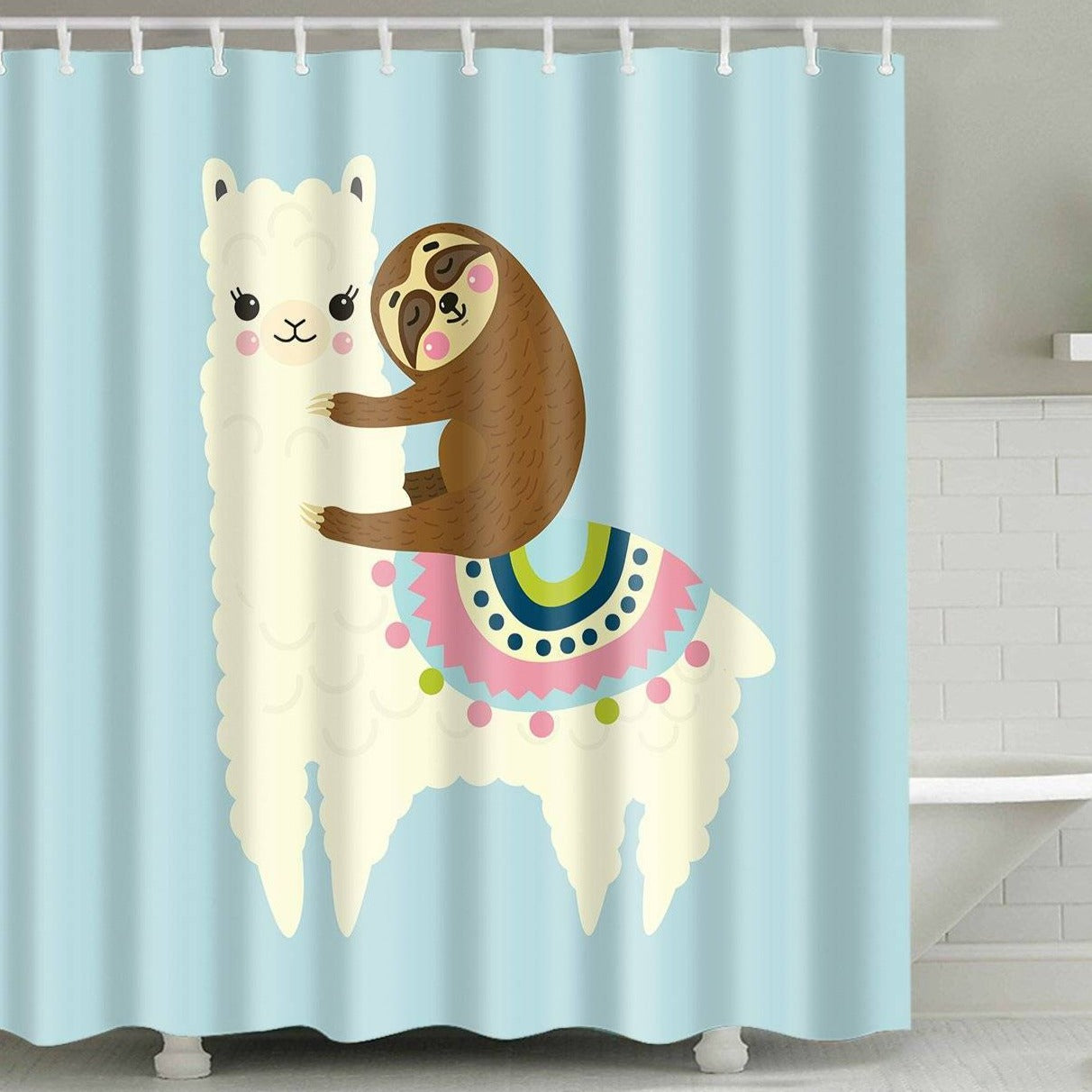 Cute Cartoon Animal Sloth Riding Llama Shower Curtain