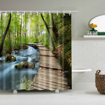 Across River Green Forest Peaceful Wooden Path Shower Curtain