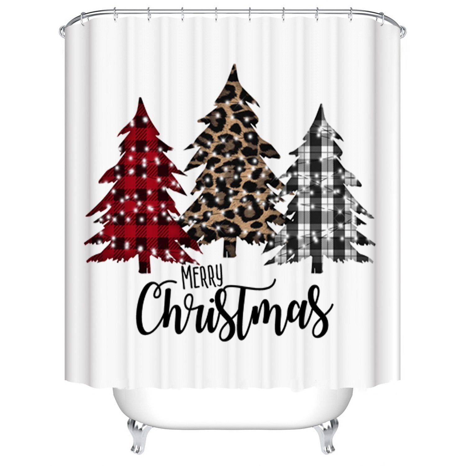 Three Buffalo Plaid and Leopard Print Christmas Tree Shower Curtain