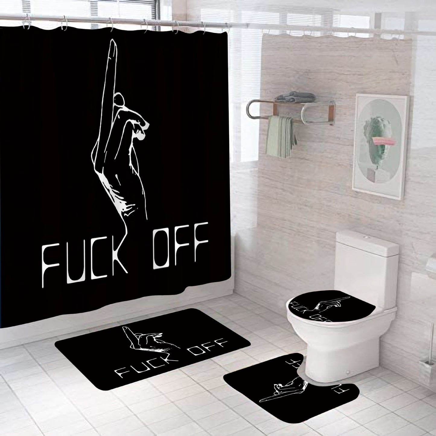 Black White Funny Meme Quote Fuck Off Finger Shower Curtain