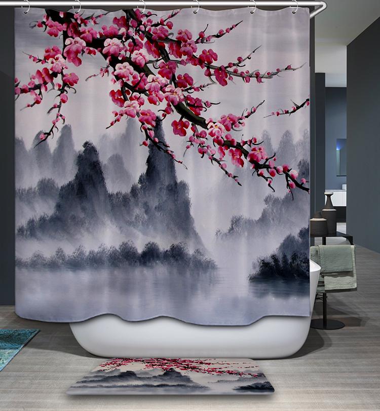 Oriental Natural Red Plum Flowers Cherry Blossom Mountain Shower Curtain