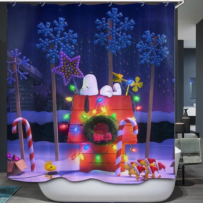 Snoopy on The Roof Cartoon Holiday Peanuts Christmas Shower Curtain