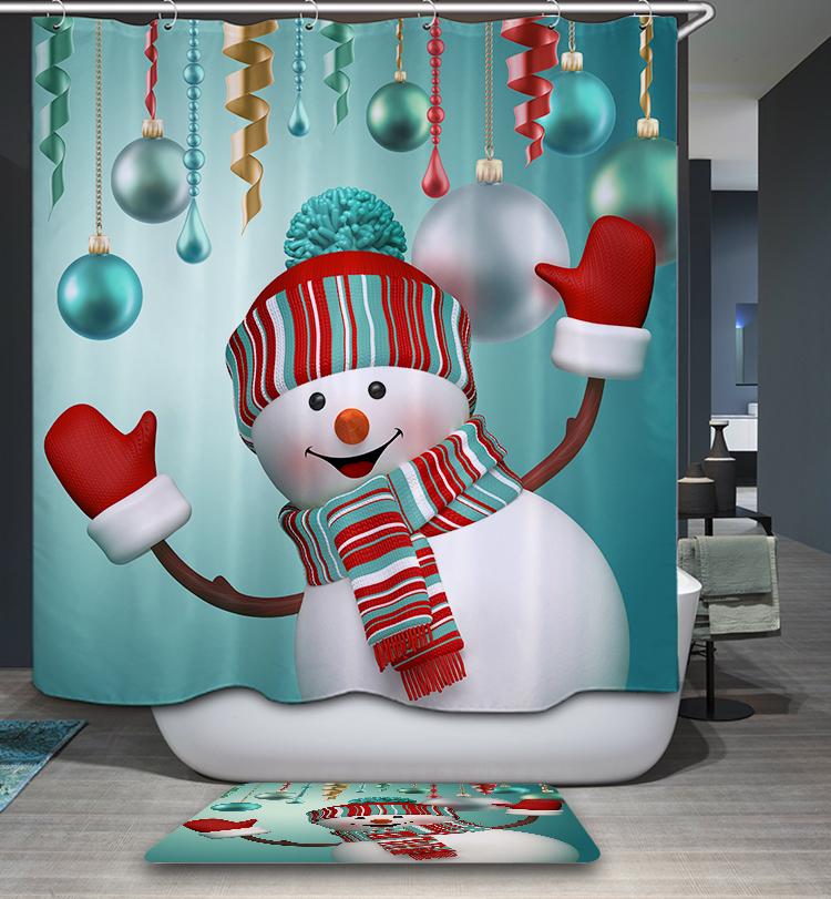Happy Christmas with Ribbon Ornaments Snowman with Gloves Shower Curtain