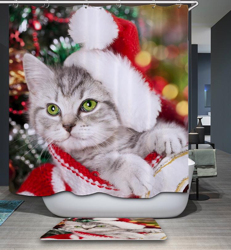 Cute Kitten with Santa Hat Holiday Pet Cat Christmas Shower Curtain