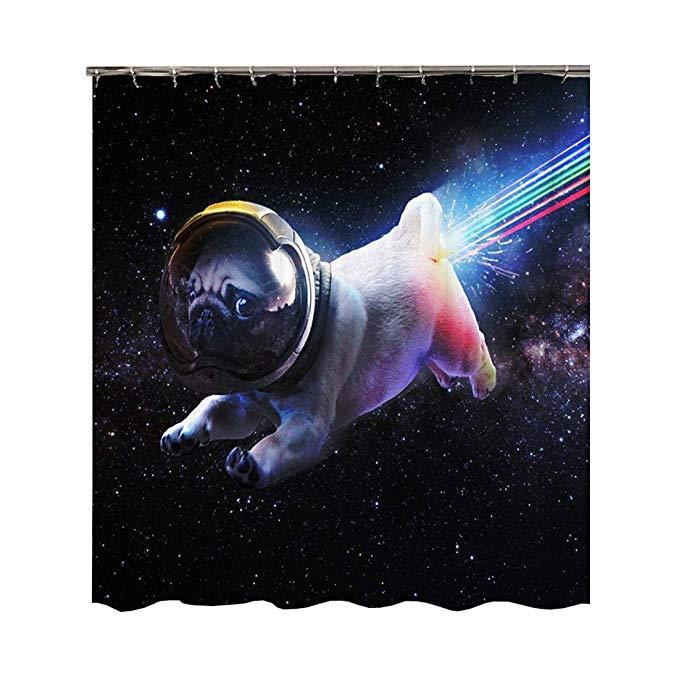 Funny Flying Dog at Space Astronaut Pet Pug Shower Curtain