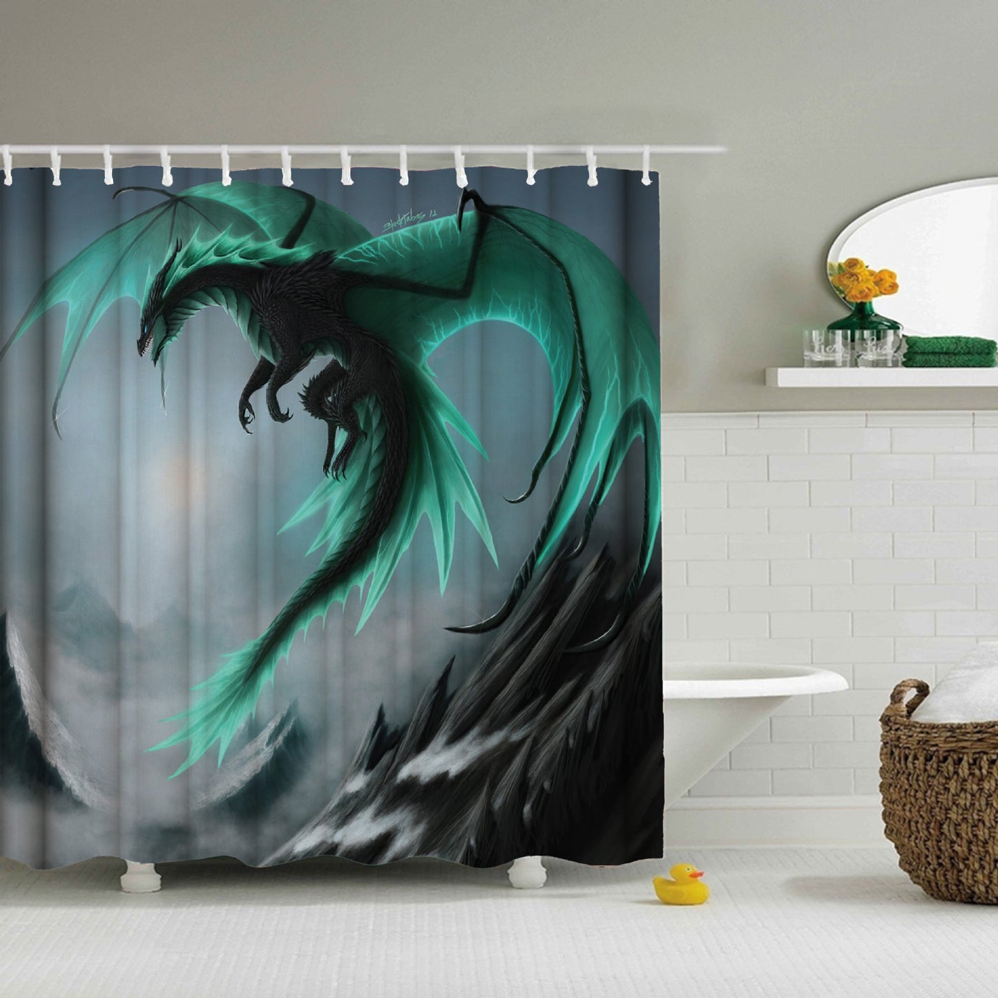 Dreamy World Medieval Mountain Green Dragon Shower Curtain
