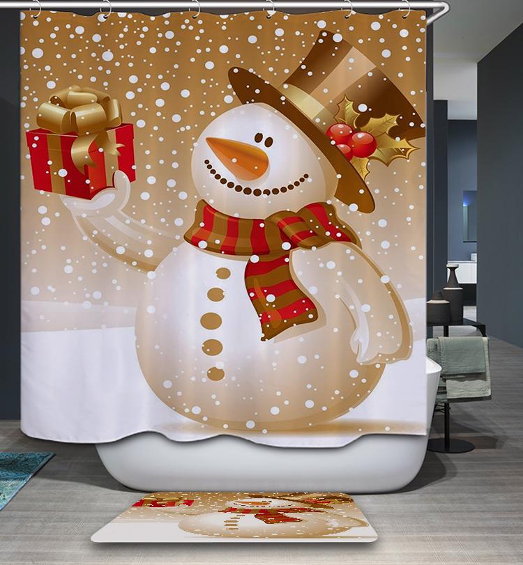 Xmas Gift Winter Snowy Holiday with Golden Snowman Shower Curtain