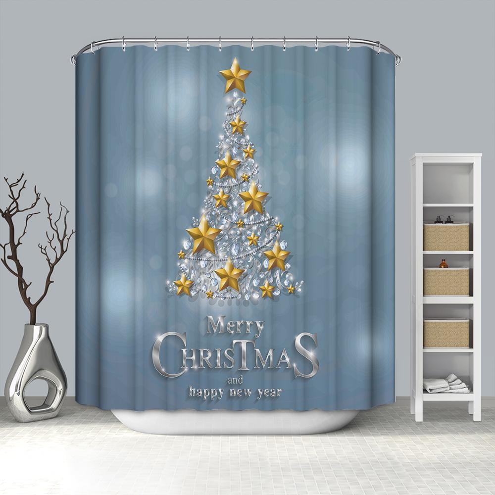 Golden Stars Blue Xmas Holiday Party Christmas Tree Shower Curtain