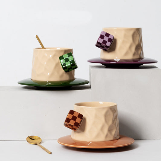 Macaron Color Cube Handle Coffee Cup and Saucer Set