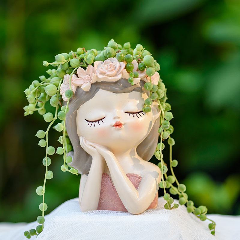 Cartoon Female Girl with Floral Garland Lady Head Planter Succulent Pot