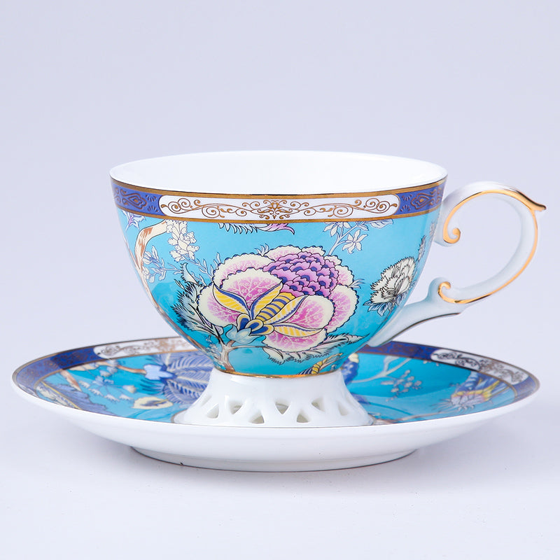 Bee Floral Cup and Saucer Set Pink Flowers Yellow Bee Coffee Teacup with Plate Spoon - 3 Pieces