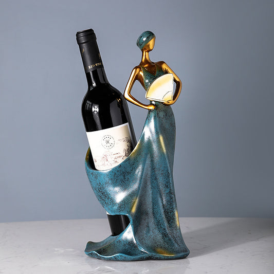 Beauty Lady avec porte-bouteille de vin de ventilateur à main de style médiéval casier à vin