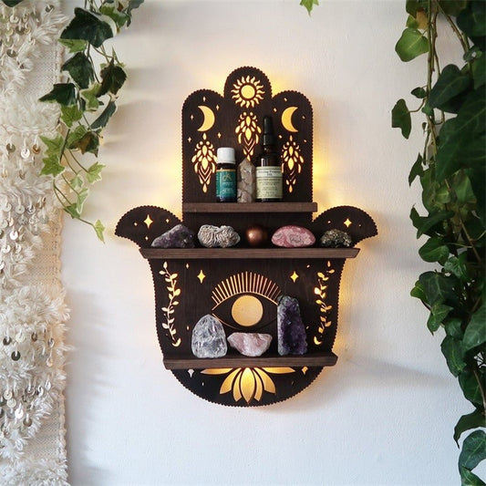 Hamsa Hand Celestial Tarot Crystal Shelf with Lamp