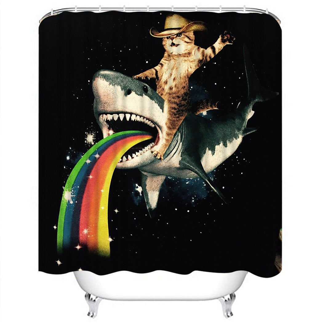 Cowby Cat on Shark Rainbow Shower Curtain