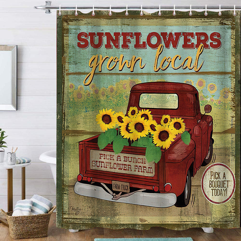 Vintage Flowers Field Farm Red Truck Rustic Farmhouse Sunflower Shower Curtain