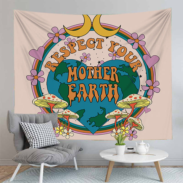 Bohemian Beige Flower with Mushroom and Moon Mother Earth Tapestry
