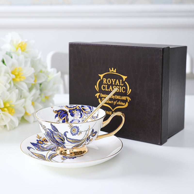 Blue Daisy Cup and Saucer Set Navy Golden Leaves Teacup