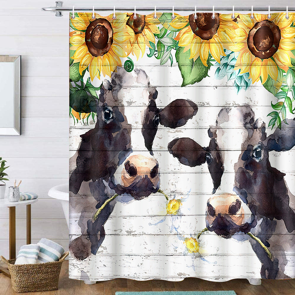 Watercolor Farmhouse Animal with Floral on White Barn Door Cow Daisy Shower Curtain