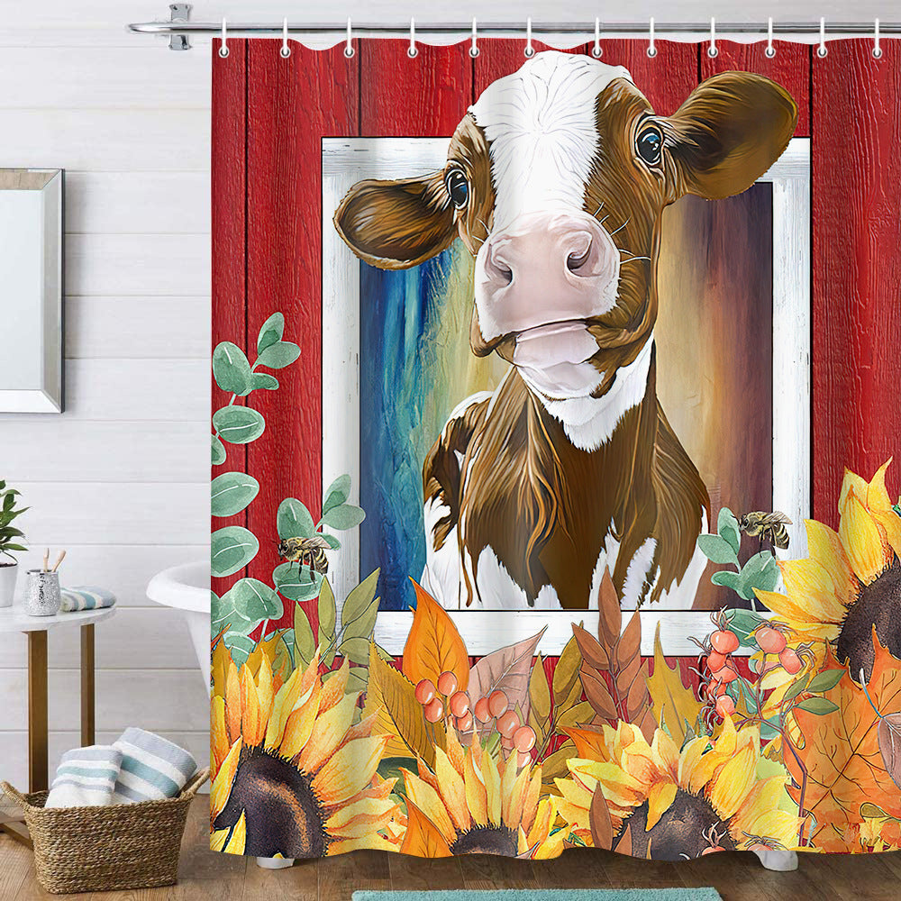 Red Shed Sunflowers with Bee Farm Animal Yellow White Cow Shower Curtain
