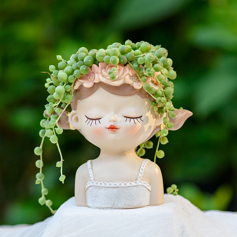 Cartoon Female Girl with Floral Garland Lady Head Planter Succulent Pot