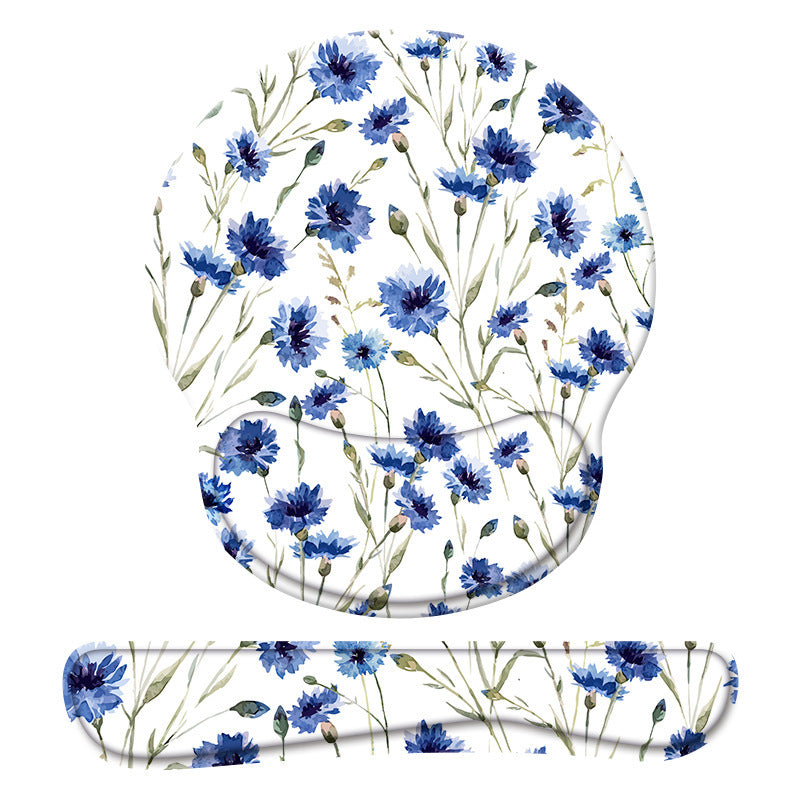 Blue Floral Plant Mouse Pad with Wrist Rest Keyboard Support