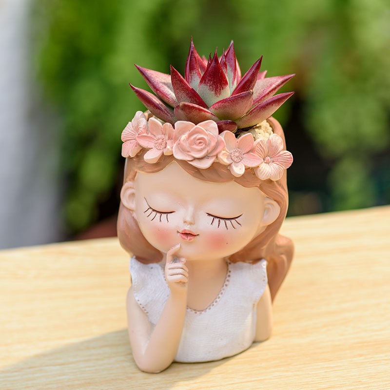 Cartoon Female Girl with Floral Garland Lady Head Planter Succulent Pot