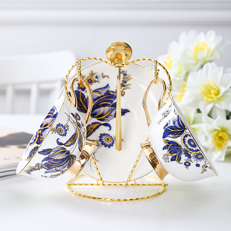 Blue Daisy Cup and Saucer Set Navy Golden Leaves Teacup
