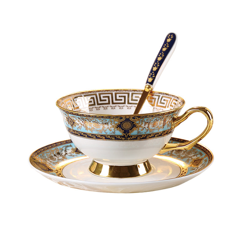 European Floral Cup and Saucer Set Golden Symbol Coffee Teacup with Plate Spoon - 3 Pieces