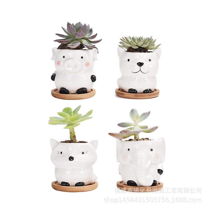 4 Packs Black White Animal Small Succulent Pots Rectangular Shape with Drainage and Tray