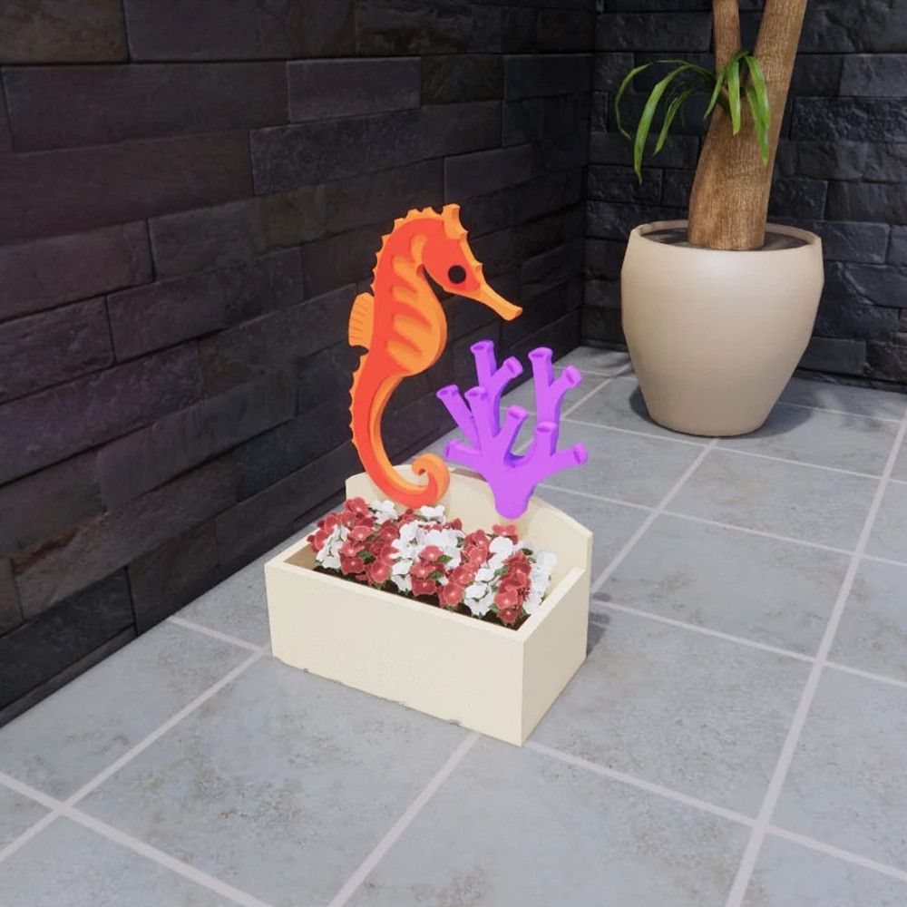 Orange Seahorse with Coral Planter Flower Pot
