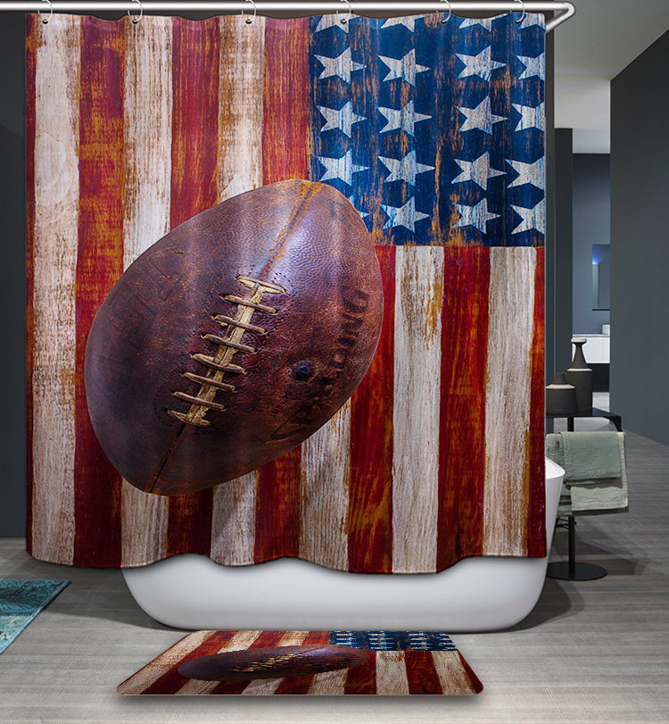 Barn Door Print Vintage Football with Rustic American Flag Shower Curtain