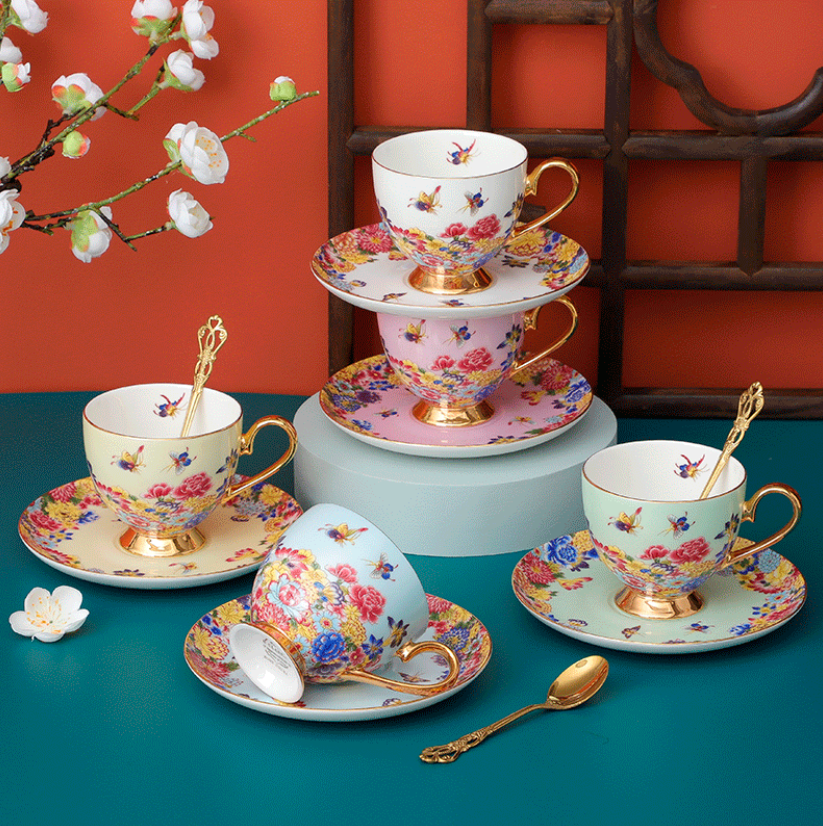 Spring Butterfly Tea Cup and Saucer Set - 3 Pieces