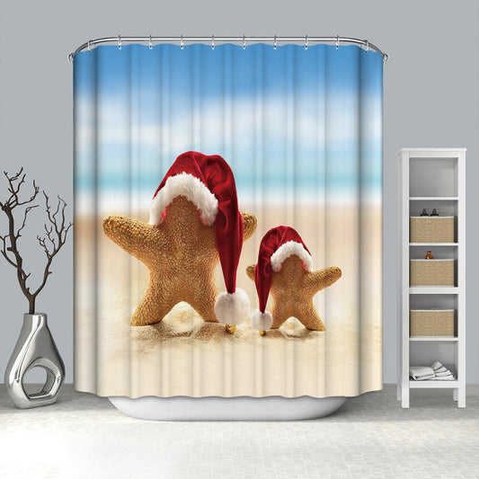 Santa Hat Summer Beach Sand Christmas Starfish Shower Curtain