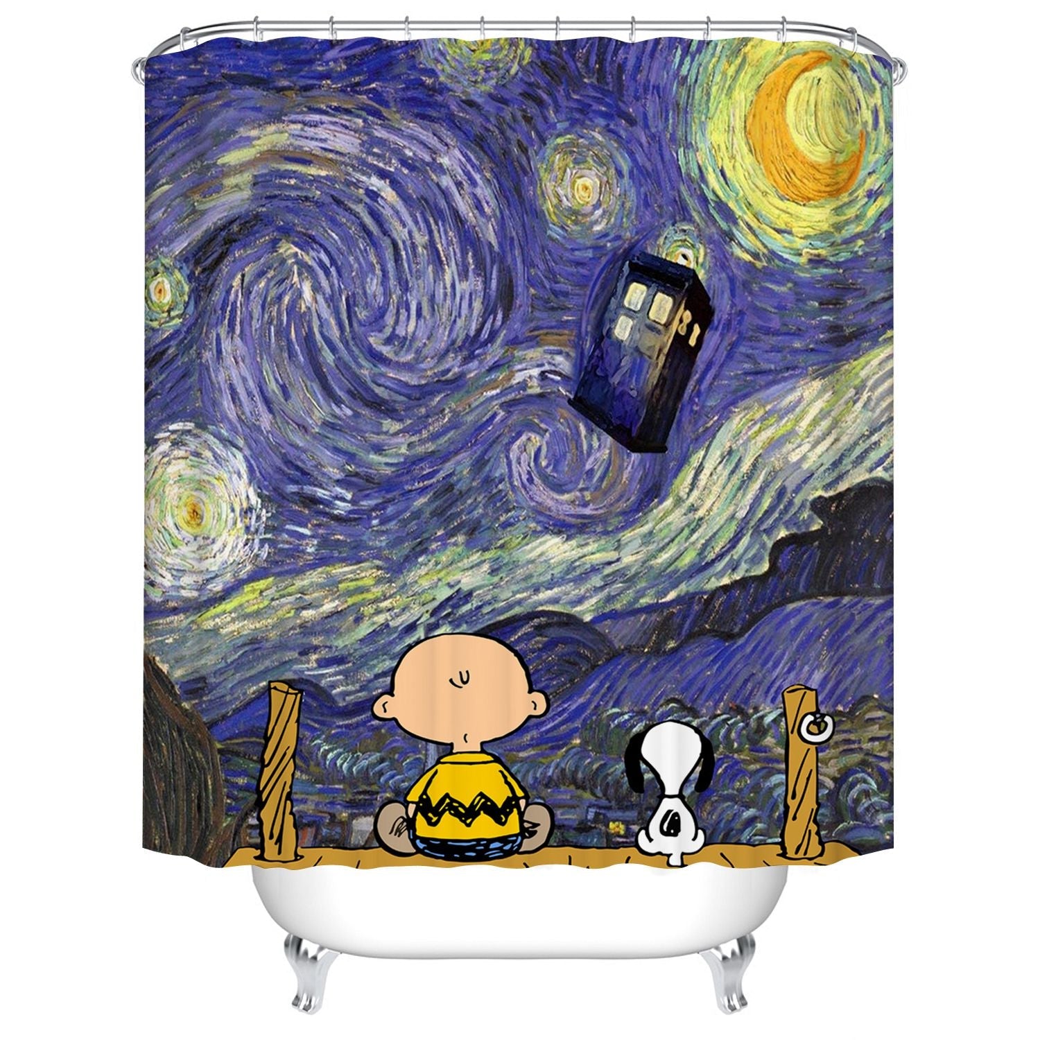 Starry Night with Police Box Cartoon Shower Curtain