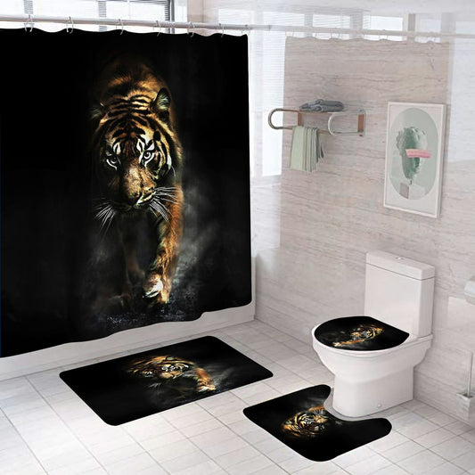 Schwarzer, wild lebender, kraftvoller Tier-Duschvorhang mit großer Katze und Tiger