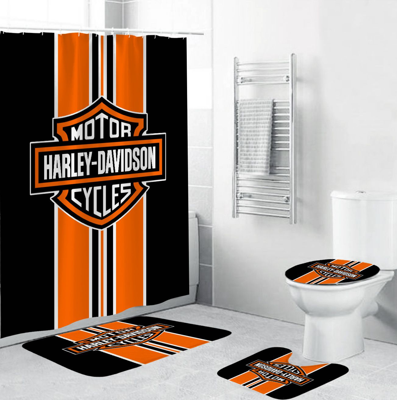 Orange Black Harley Stripe Shower Curtain