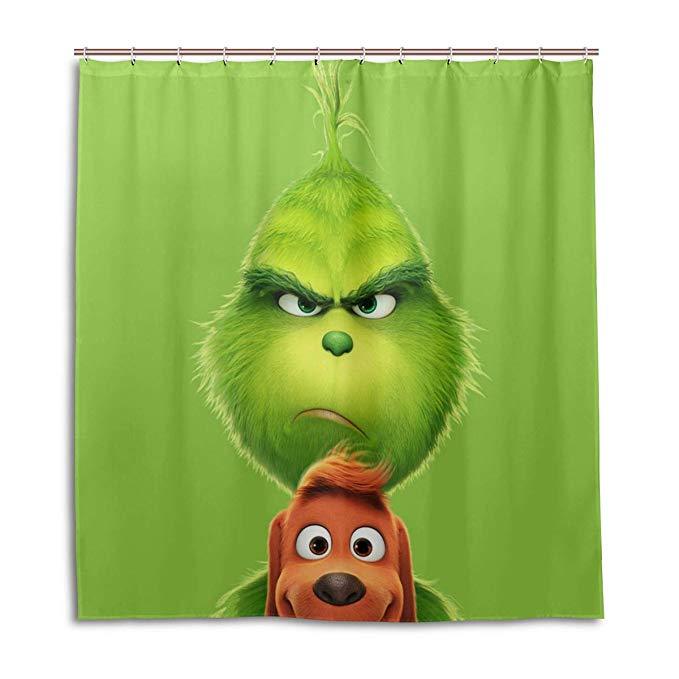 Green Backdrop Christmas Holiday Cartoon Grinch Shower Curtain