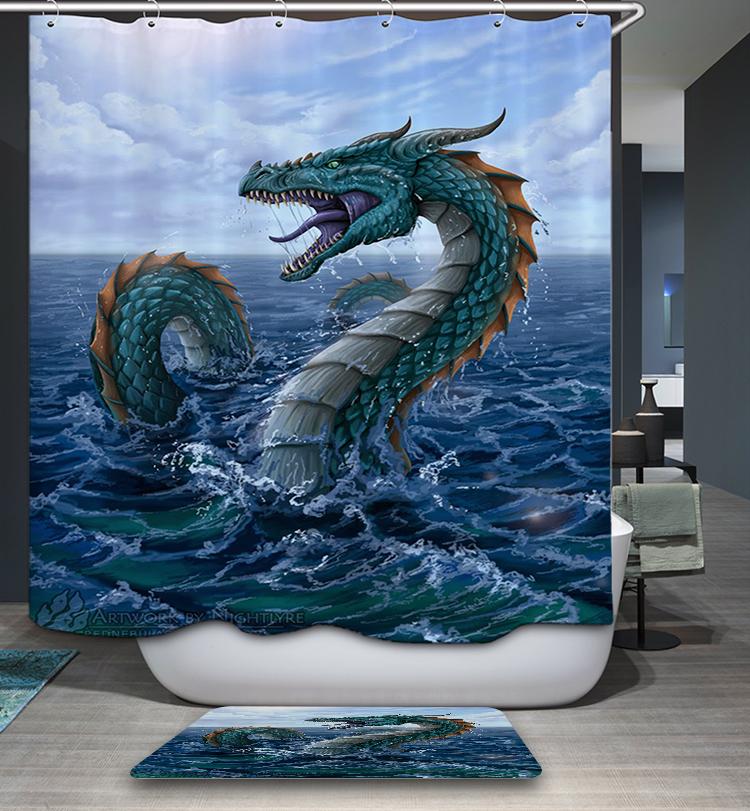 Vintage Medieval Sea Water Ocean Dragon Shower Curtain