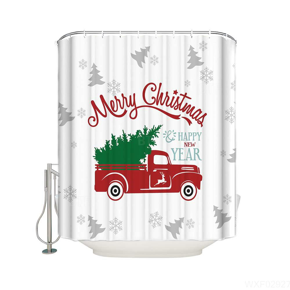Grey Trees and Snowflake Red Truck Christmas Shower Curtain