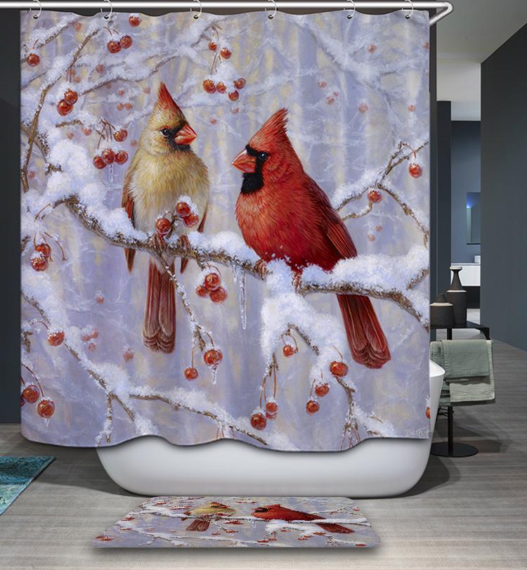 Winter Snowy Forest Red Birds Christmas Cardinal Shower Curtain