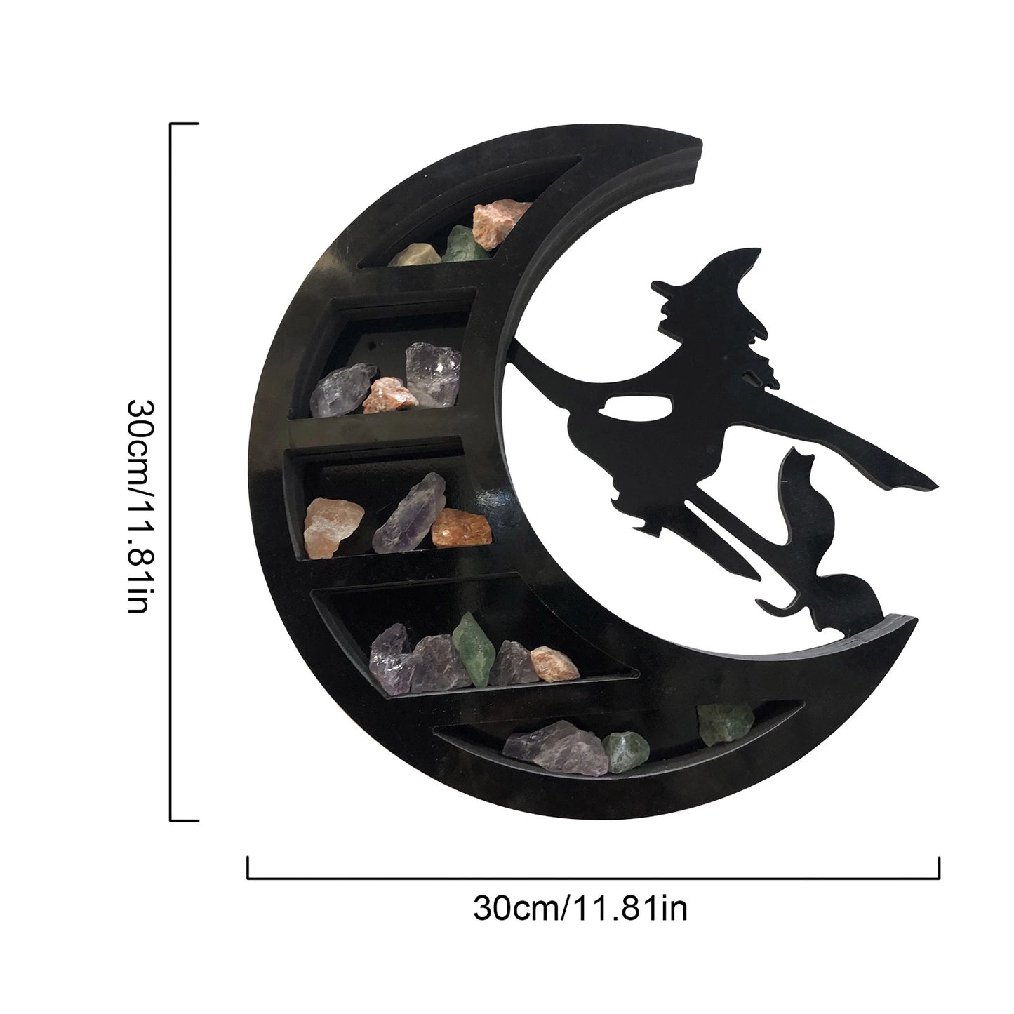 Spooky Witch Riding Broom Lunar Moon Crystal Shelf