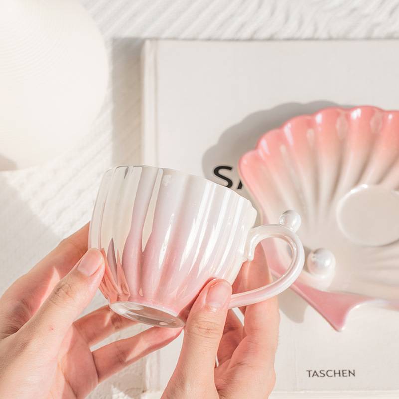 Pearl Shaped Tea Cup And Saucer Set Seashell Ocean Coffee Teacup with Plate Spoon - 3 Pieces