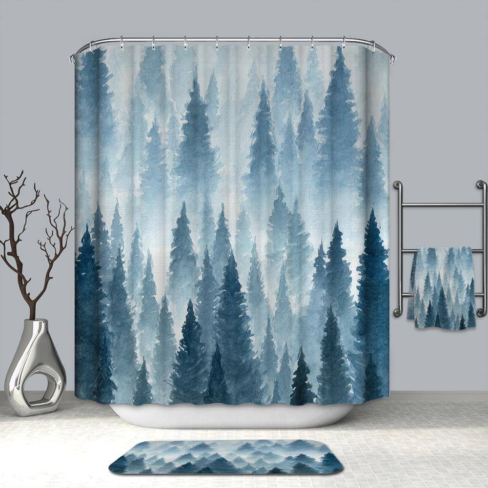 Watercolor Spruce Fir Mist Forest Blue Pine Tree Shower Curtain