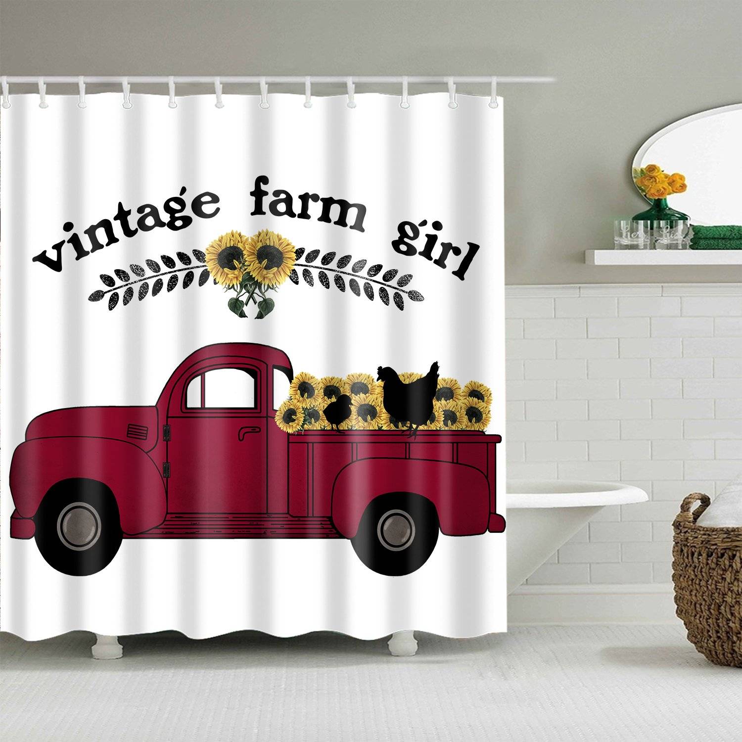 Vintage Chicken Sunflower Red Truck Farmhouse Themed Farm Girl Shower Curtain