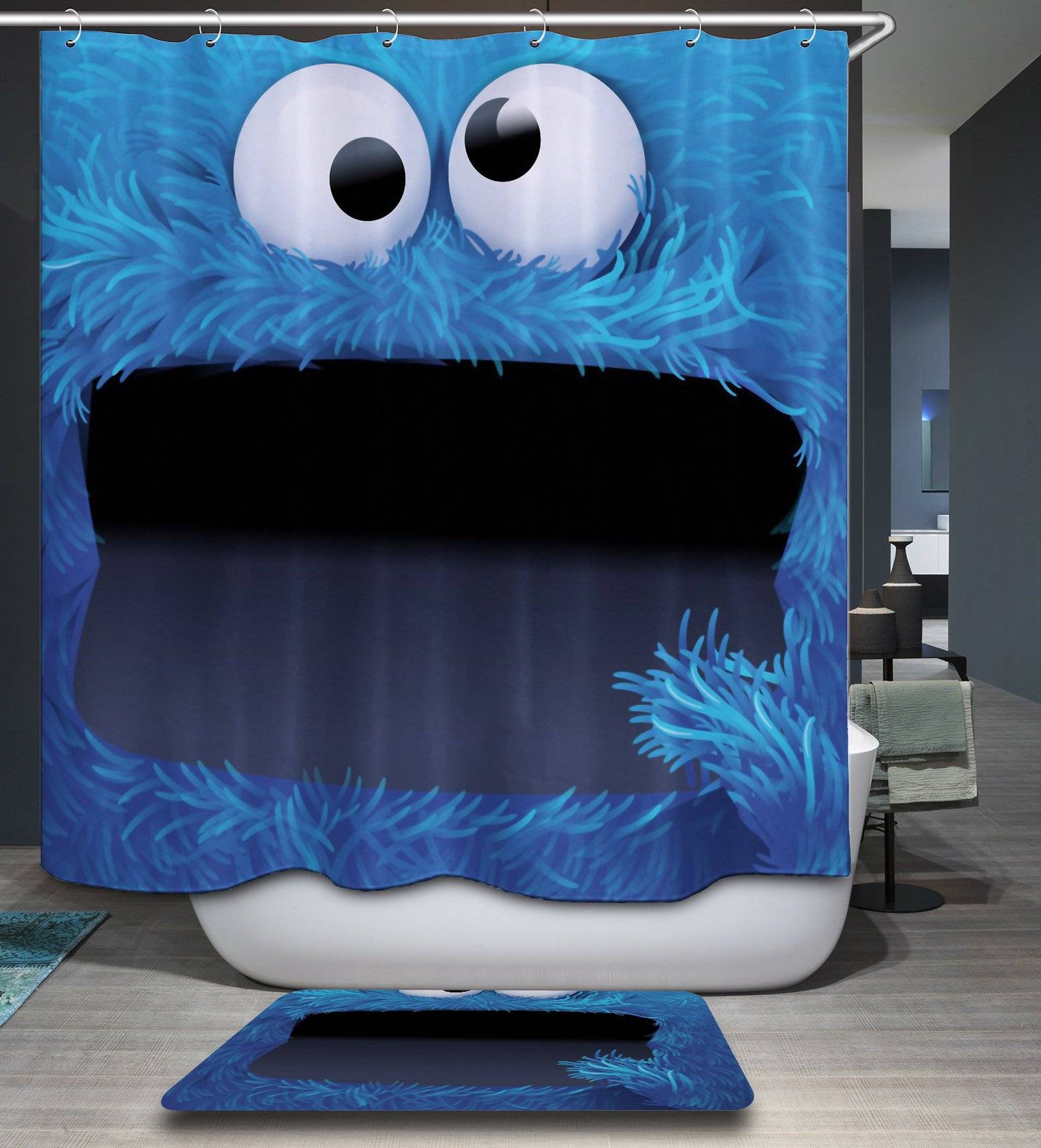 Cartoon Blue Muppet Kids Cookie Monster Shower Curtain