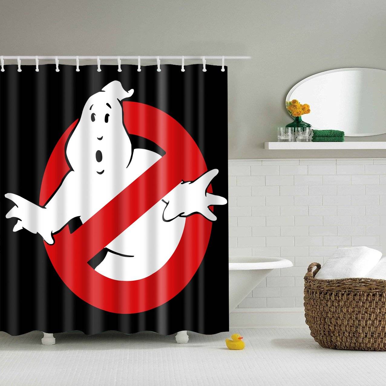 Black White Red Cartoon Sign Warning Ghostbusters Shower Curtain